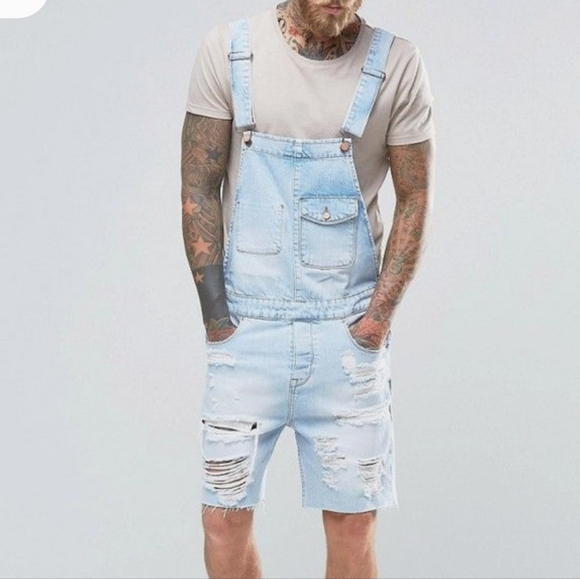 ASOS Short Overalls In Bleach Wash With Rips Waist Size 30 - Picture 1 of 11
